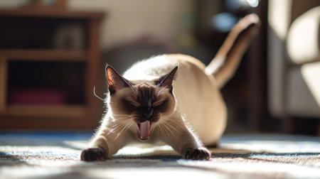 An overweight Siamese cat stretching across a living room floor, its paws extending forward while it yawns.の素材