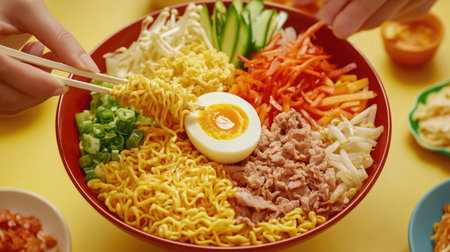 An image of instant noodles being served in a bowl with a variety of toppings like vegetables, meat, and a boiled egg, with a focus on the vibrant, colorful presentation.の素材