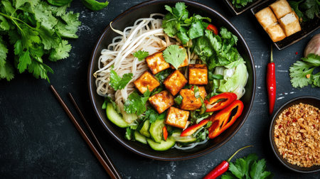 An overhead view of a traditional Thai noodle dish with mixed vegetables, tofu, and a savory sauce, served with a side of fresh herbs and sliced chilies.の素材