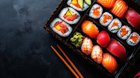 An overhead view of a seafood sushi assortment, including salmon, tuna, and shrimp nigiri, with colorful maki rolls, served on a stylish platter with chopsticks.の素材