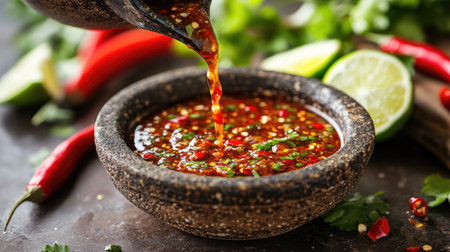 A vibrant chili sauce being poured into a small dish, with fresh chilies, lime, and coriander in the background, creating a spicy and flavorful condiment spread.の素材