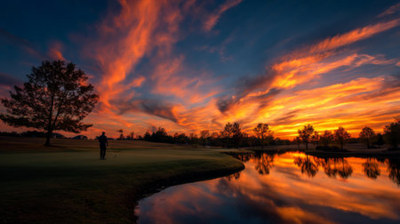 A tranquil sunset at a golf course displays vibrant colors in the sky, perfectly mirrored in still water. A golfer adds a peaceful silhouette to this stunning outdoor scene.の素材