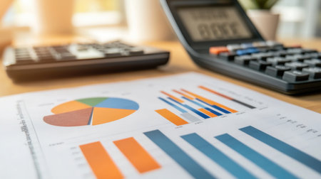 A high-resolution image of a financial report with detailed bar graphs, line charts, and pie charts, placed on a desk with a calculator and financial documents.の素材