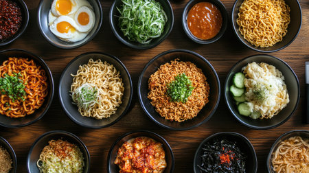 An overhead view of a table set with various instant noodle flavors and toppings, with bowls of prepared noodles ready to be served.の素材