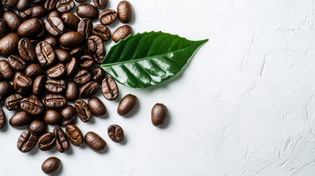 A serene image of coffee beans spread out on a clean white surface, with a single green coffee leaf resting gently on top, symbolizing freshness and sustainability.の素材