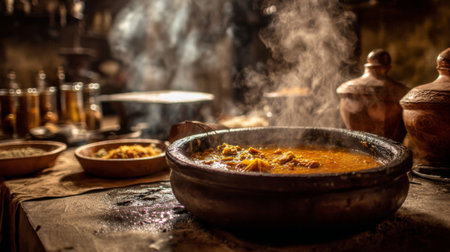 A warm and inviting cooking scene featuring a steaming pot of curry in a rustic kitchen. Traditional bowls and jars are arranged beautifully, creating a cozy atmosphere.の素材