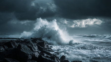 Majestic ocean waves crash against a rocky jetty while dark storm clouds loom overhead, showcasing the raw beauty and power of nature in this stunning coastal scene.の素材