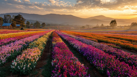 A breathtaking view of vibrant flower fields blooming under the soft morning light, set against majestic mountains, capturing the essence of natureの素材