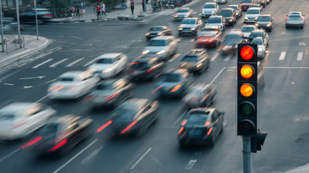 A dynamic and vibrant view of a busy urban intersection with cars in motion. The traffic light displays yellow and green signals, indicating ongoing movement.の素材