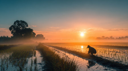 Capture the essence of agriculture with this stunning sunrise image, showcasing a farmer working in misty rice fields, surrounded by nature's beauty and tranquility.の素材