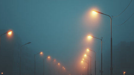 A serene urban scene shrouded in mist, with streetlights casting a warm glow on an empty road. Perfect for conveying tranquility and solitude in a city setting.の素材