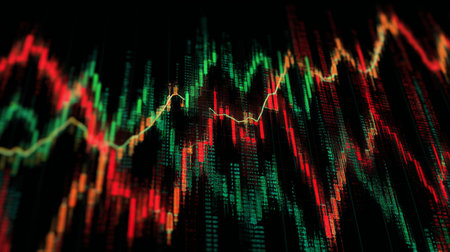 This abstract image captures dynamic candlestick patterns in red and green, showcasing financial trends against a dark backdrop, perfect for finance and trading themes.の素材