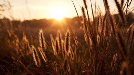 Experience the serene beauty of a sunlit field at dusk, where golden rays illuminate soft grasses and dried herbs, creating a tranquil natural landscape.の素材