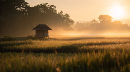 A tranquil scene showcasing a rustic hut in a lush rice field during sunrise, enveloped in mist. The soft light creates a serene atmosphere perfect for relaxation.の素材