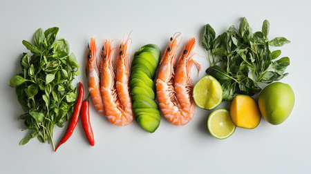 A vibrant assortment of fresh shrimp, herbs, and citrus, perfect for creating delicious seafood dishes. Ideal for food photography and culinary inspiration.の素材