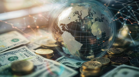 A conceptual image illustrating global finance with a globe overlayed on stacks of currency. This represents the interconnected world economy and trade dynamics.の素材