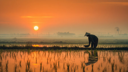This captivating image displays a farmer working in a rice field at sunrise, showcasing the serene beauty of nature with a golden reflection on water.の素材