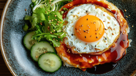 A vibrant plate featuring a fried egg on rice adorned with fresh vegetables, drizzled in sauce, and garnished with sesame seeds. Ideal for food photography.の素材