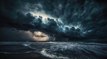 A stunning display of nature's power with dark storm clouds and lightning over a turbulent ocean, creating a dramatic and atmospheric scene.の素材