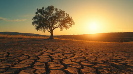 A picturesque sunset scene featuring a solitary tree against a backdrop of a dry, cracked landscape. The warm golden light creates a tranquil and serene atmosphere.の素材