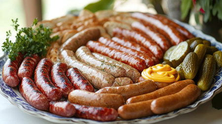An enticing assortment of sausages served on a decorative platter, accompanied by pickles and mustard, perfect for gatherings or outdoor picnics.の素材