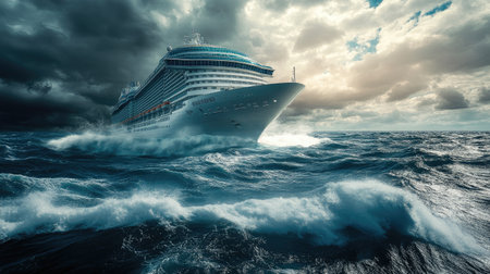 A striking image of a cruise ship navigating through stormy waters, surrounded by dramatic clouds and powerful waves, evoking a sense of adventure and exploration.の素材