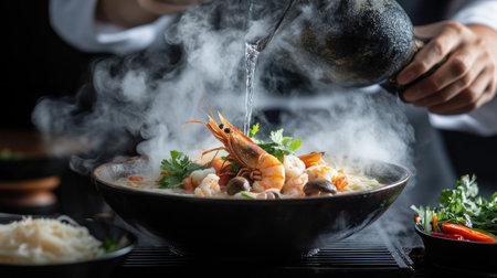 A chef skillfully prepares a vibrant seafood dish with steam rising from a bowl of shrimp, herbs, and noodles, showcasing culinary artistry and freshness.の素材