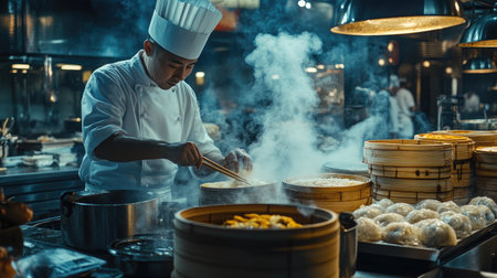 A skilled chef expertly prepares various steamed dishes in a bustling restaurant kitchen, surrounded by delicious aromas and vibrant culinary activity.の素材