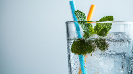 A refreshing drink with mint leaves and colorful straws, perfect for summer gatherings. Enjoy the bubbles and coolness of this delicious beverage.の素材