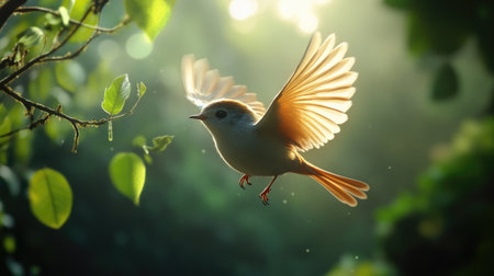 A stunning bird soaring gracefully through a sunlit forest, showcasing vibrant wings against a dreamy backdrop. A serene moment in nature.の素材