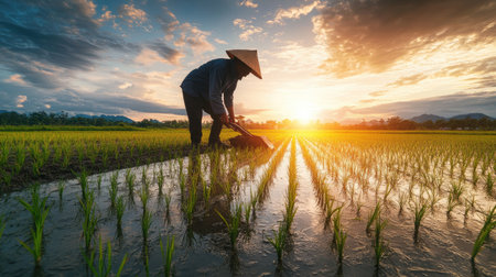 A dedicated farmer plants rice seedlings in a sunlit field at sunset. This serene scene captures the beauty of agriculture and rural life.の素材