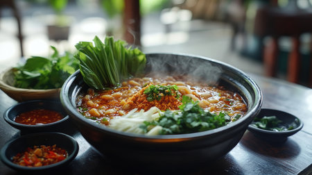 A steaming bowl of aromatic soup adorned with fresh herbs and spices, perfect for a cozy dining experience that showcases culinary traditions and flavors.の素材