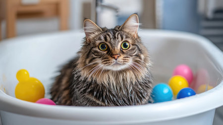 A charming cat sits in a bathtub surrounded by colorful balls, showcasing a moment of playful curiosity. This delightful image captures a pet's lively spirit and home setting.の素材
