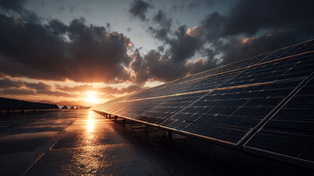 A stunning view of solar panels reflecting the beauty of a vibrant sunset, surrounded by dramatic clouds, highlighting the importance of renewable energy in a sustainable future.の素材