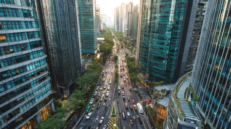 Capture a stunning aerial perspective of a bustling city with skyscrapers and flowing traffic under the warmth of golden hour light, showcasing urban vibrancy.の素材