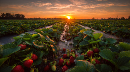 This stunning image captures lush strawberry fields bathed in golden sunset light, showcasing fresh strawberries among vibrant green leaves in a serene rural landscape.の素材