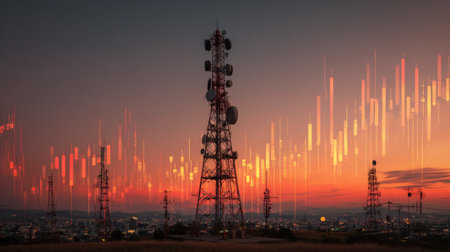 A captivating sunset scene featuring telecommunication towers surrounded by vibrant data signals. The urban landscape glows under a colorful sky, illustrating digital connectivity.の素材