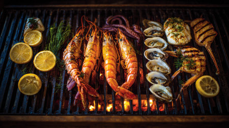 A vibrant seafood display featuring grilled shrimp, squid, clams, and lemon on a barbecue grill. Perfect for summer gatherings and gourmet dining experiences.の素材