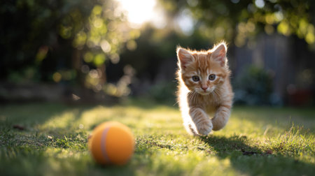 An adorable orange kitten joyfully runs towards a bright ball in a sunny garden, exuding playful energy and curiosity in a serene outdoor setting.の素材
