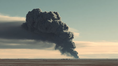 A captivating scene featuring a dramatic smoke plume rising from the land against a serene backdrop of soft clouds and a calm blue sky at dusk.の素材
