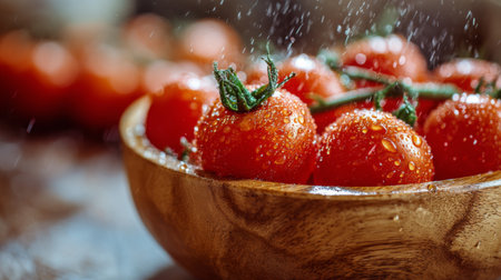 This image captures fresh red tomatoes glistening with water drops in a beautiful wooden bowl, perfectly suited for culinary use and healthy meal inspiration.の素材