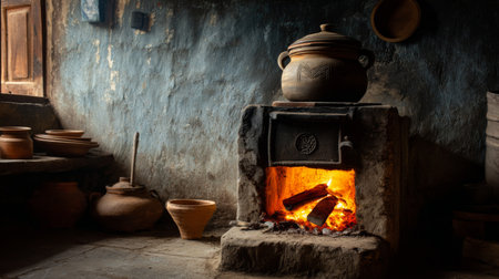 A warm and inviting interior of a traditional kitchen featuring a rustic stove, glowing flames, and a clay pot, evoking a sense of comfort and heritage.の素材