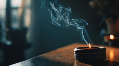 A calming scene featuring a glowing candle flame with delicate wisps of smoke rising, captured in a tranquil indoor space with soft, natural light illuminating the surroundings.の素材