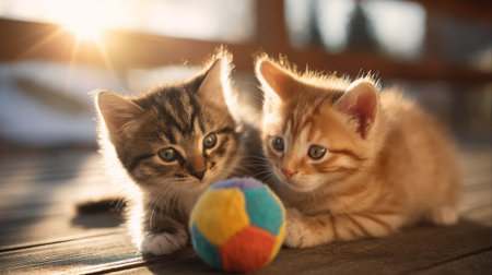 Two playful kittens sit closely together on a wooden deck, focused on a colorful ball. The warm sunlight creates a serene atmosphere, highlighting their adorable features.の素材
