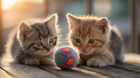 Two young kittens engage with a vibrant ball, showcasing their playful nature against a warm sunset backdrop, capturing a moment of innocence and joy.の素材