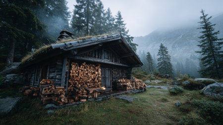 This captivating image showcases a cozy cabin nestled in a tranquil forest setting, surrounded by tall trees and misty mountains, perfect for a peaceful getaway.の素材