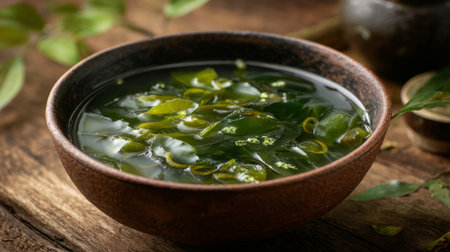 This image features a rustic bowl of fresh seaweed soup, showcasing vibrant green ingredients in a warm setting, ideal for health-conscious cuisine.の素材