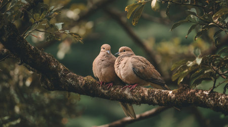A pair of brown doves perched closely on a moss-covered tree branch, surrounded by lush greenery, creating a serene and intimate moment in nature's embrace.の素材