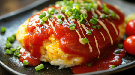 A vibrant plate of rice topped with rich sauce and garnished with green onions, showcasing a tantalizing meal perfect for any occasion.の素材
