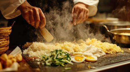 Hands of a chef prepare rice and vegetables while steam rises in a vibrant kitchen setting. A close-up view captures the culinary process, showcasing skill and flavor.の素材